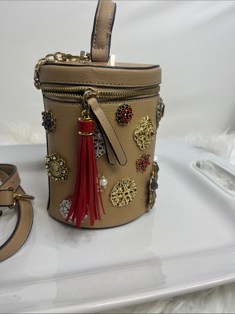 Source Unknown Beige Jeweled Cylinder Crossbody Bag with Red Tassel